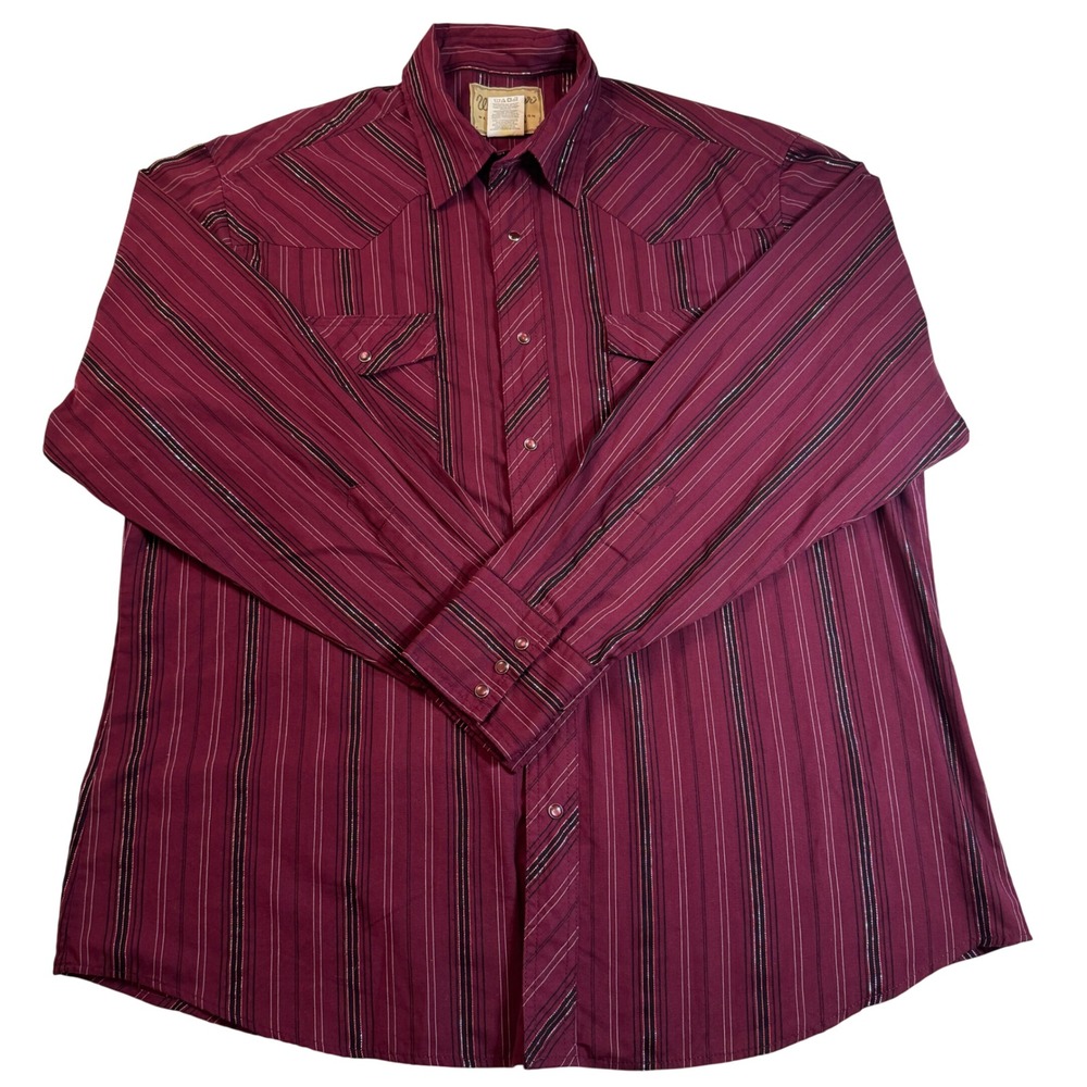 Y2K Wrangler Western Fashion Pearl Snap‎ Shirt Burgundy Stripe Metallic Men's XL